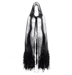 Longue Cape 'Helchen' en Plumes et Paillettes Noires