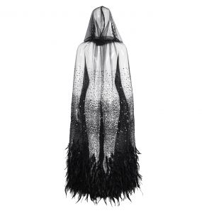 Longue Cape 'Helchen' en Plumes et Paillettes Noires