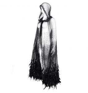 Longue Cape 'Helchen' en Plumes et Paillettes Noires