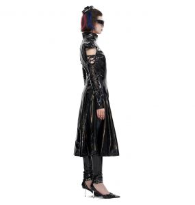 Black 'Alwina' Patent Vegan Leather Long Coat