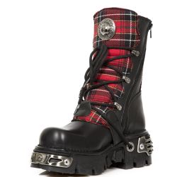 Black Leather and Red Tartan New Rock Metallic Boots